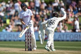Not this time: New Zealand's wicketkeeper Tom Blundell, right, celebrates the wicket of England's Joe Root during day three of the first cricket Test match between New Zealand and England (Picture: MARTY MELVILLE/AFP via Getty Images)