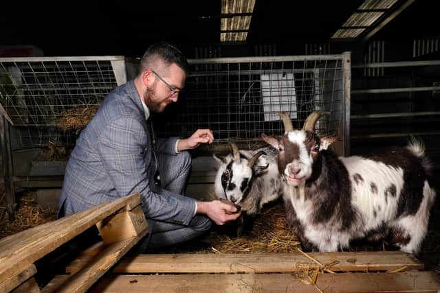 Assistant head Samuel Stones tends to the goats