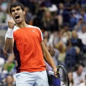 Carlos Alcaraz, of Spain, reacts after scoring a point against Casper Ruud, of Norway, during the men's singles final of the U.S. Open tennis championships, Sunday, Sept. 11, 2022, in New York. (AP Photo/Charles Krupa)