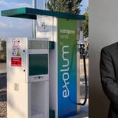 A green hydrogen refuelling dispenser being used for a Exolum project in Madrid, Spain, and, right, Anthony Browne, the Minister for Transport and Decarbonisation. Picture credit: Department for Transport.