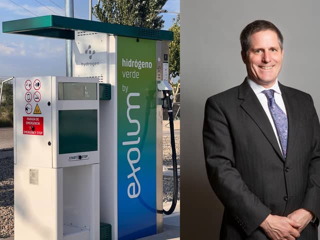 A green hydrogen refuelling dispenser being used for a Exolum project in Madrid, Spain, and, right, Anthony Browne, the Minister for Transport and Decarbonisation. Picture credit: Department for Transport.