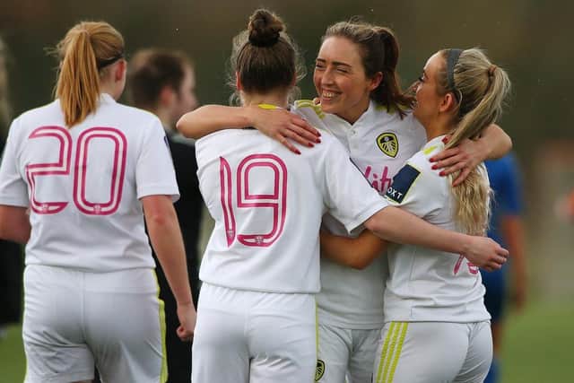 Catherine Hamill, second right, and her Leeds United team-mates have beaten three higher-league teams to set up a dream tie with Arsenal (Picture: Leeds United)