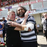 Tony Smith celebrates with Chris Satae after the game. (Photo: Ed Sykes/SWpix.com)