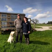 Richard and Louise Pullan pictured by one of the Shepherd Huts at  Breaks Fold Farm West End, Blubberhouses.