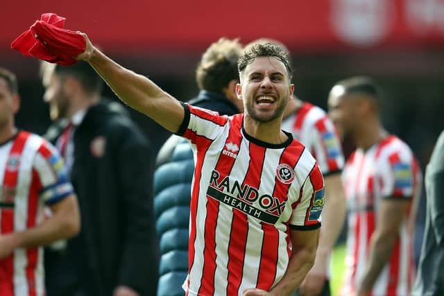 Sheffield United's George Baldock celebrates after the final whistle of the Emirates FA Cup quarter final match at Bramall Lane, Sheffield. Picture: Nigel French/PA