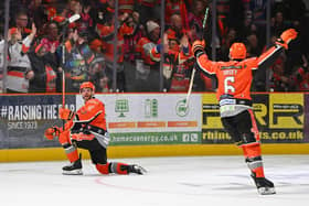 CAPTAIN FANTASTIC: Sheffield Steelers' captain Robert Dowd celebrates his 56th-minute strike, to make it 6-4 against Nottingham Panthers on Saturday night. Picture: Dean Woolley/Steelers Media.