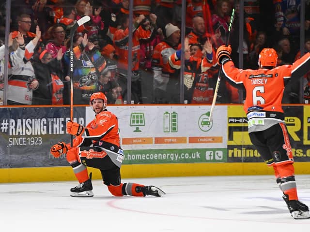 CAPTAIN FANTASTIC: Sheffield Steelers' captain Robert Dowd celebrates his 56th-minute strike, to make it 6-4 against Nottingham Panthers on Saturday night. Picture: Dean Woolley/Steelers Media.