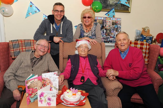Buxton's Betty Needham celebrated her 106th birthday in 2015 at the Portland Care Home where she lives, pictured with family members, from left, back row, her grandson, Kevin Needham, daughter, Helen Needham, with her son Jeff Slack, seated right and and son-in-law, Roy Needham left.