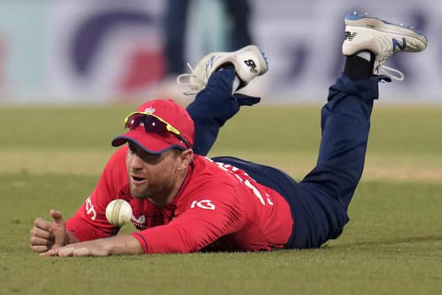 England's Dawid Malan drops a catch of Bangladesh's Afif Hossain during the first T20 cricket match between Bangladesh and England in Chattogram. (AP Photo/Aijaz Rahi)