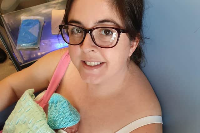Natasha Hewitt and Harry - first time Natasha had held him at 8 days old, 31/07/2021