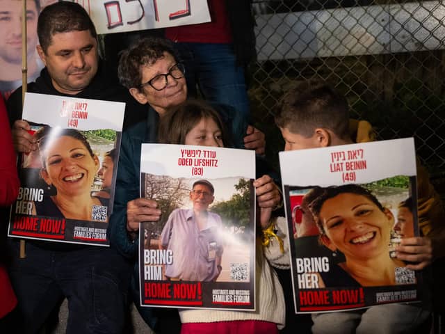 Yocheved Lifshitz (2L), who was kidnapped by Hamas on October 7 and was released on October 24, rallies for the release of all the hostages outside The Kirya ahead of the war cabinet meeting during the fifth day of the temporary truce on November 28, 2023 in Tel Aviv, Israel. (Photo by Alexi J. Rosenfeld/Getty Images)