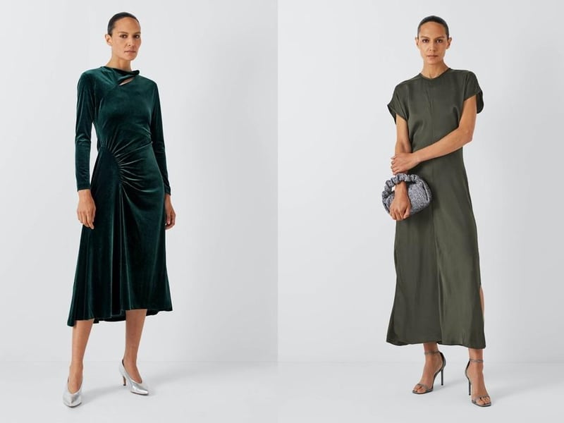 Jigsaw Green Velvet Ruches Dress, £195, and Reiss Kora Dress, £198