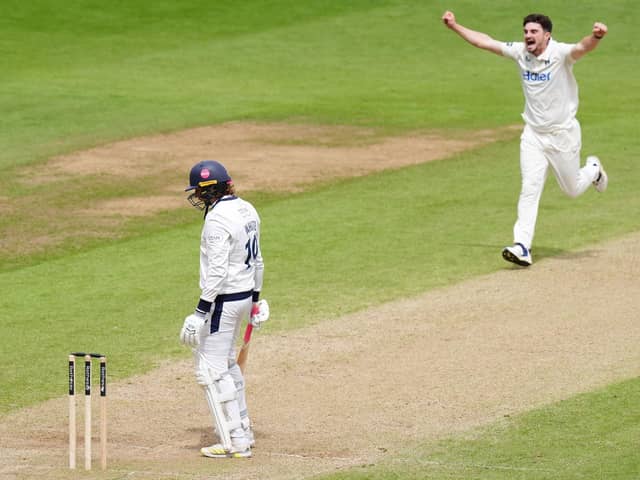 END GAME: Warwickshire's Jordan Thompson celebrates taking the wicket of former Yorkshire team-mate Jack White, the hosts winning by 377 runs on the fourth day at Edgbaston. Picture: Jacob King/PA