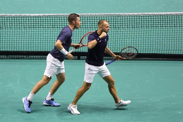 Dan Evans and Neal Skupski of Great Britain in action during day two of the 2023 Davis Cup finals group stage match at Manchester AO Arena (Picture: Jan Kruger/Getty Images for ITF)