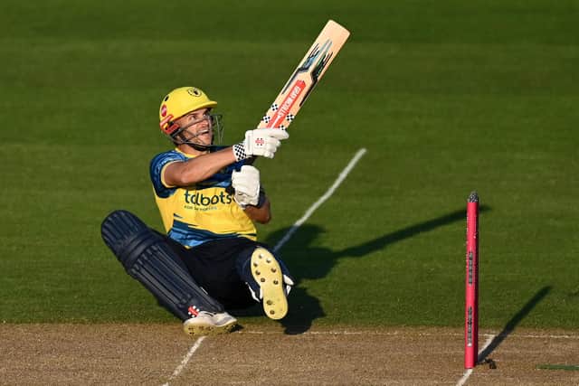 Sam Hain, top-scorer for Birmingham, hits out against Yorkshire on Blast Off day. Photo by Gareth Copley/Getty Images.