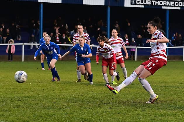 Doncaster Rovers Belles captain Jess Andrew scores from the penalty spot. (Picture courtesy of Howard Roe/AHPIX LTD)