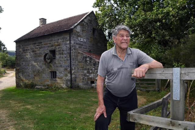 95 year old George (Raymond) Harrison, custodian of Low Mill water mill in Bilsdale. It has recently been upgraded by Historic England to a two star listing and he wants someone to help get it working again.