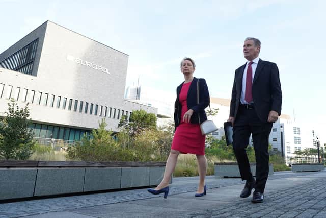 Labour leader Sir Keir Starmer and shadow home secretary Yvette Cooper arriving at Europol in The Hague, Netherlands, to discuss how Labour would tackle Channel crossings. PIC: Stefan Rousseau/PA Wire