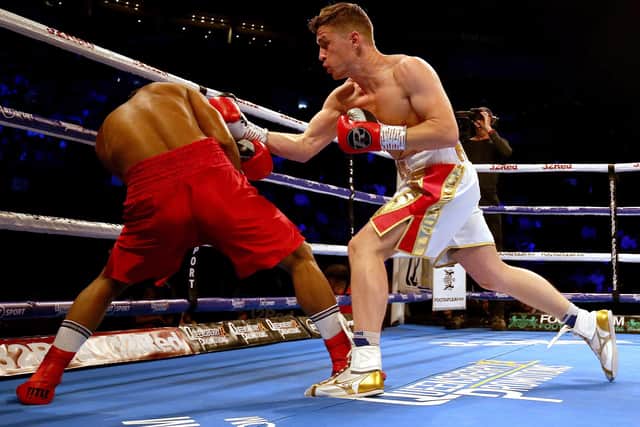 LEEDS, ENGLAND - OCTOBER 12:  Reece Mould (R) in action with Bayardo Ramos during the International Featherweight fight between Reece Mould  and Bayardo Ramos at the First Direct Arena on October 12, 2019 in Leeds, England. (Photo by Nigel Roddis/Getty Images)