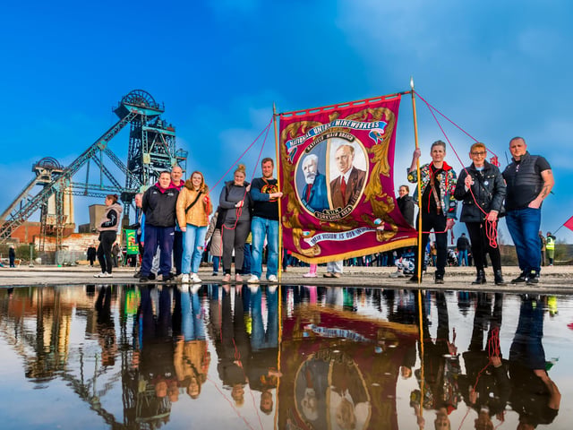 Members of the National Union of Mineworkers - with their Hatfield Main Branch banner at Hatfield Colliery.Picture By Yorkshire Post Photographer,  James Hardisty. Date: 9th March 2024.