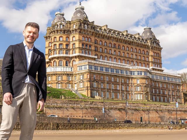 Keane Duncan outside the Grand Hotel in Scarborough.