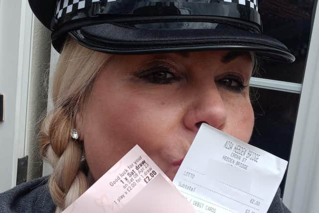 Rachel Nolan with her lotto ticket in Hebden Bridge