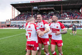 Hull KR's Jesse Sue celebrates with Mikey Lewis & Elliott Minchella after victory over Hull FC. (Picture: Allan McKenzie/SWPix.com)