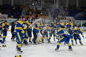DOUBLE DELIGHT: Leeds Knights' players celebrate winning the NIHL National play-off title at Coventry's SkyDome Arena on Sunday night. Picture: Chris Callaghan/Blueline