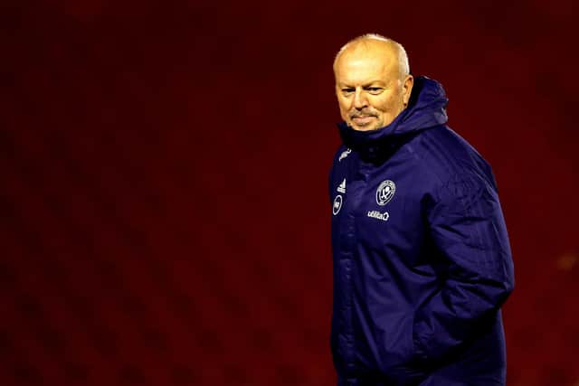WALSALL, ENGLAND - NOVEMBER 17: Neil Redfearn, Manager of Sheffield United looks on as his team warms up during the FA Women's Continental Tyres League Cup match between Aston Villa Women and Sheffield United Women at Banks's Stadium on November 17, 2021 in Walsall, England. (Photo by Naomi Baker/Getty Images)