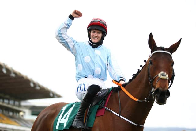 Rachael Blackmore celebrates after riding Telmesomethinggirl to win the Parnell Properties Mares' Novices' Hurdle (Grade 2) during Day Three of the Cheltenham Festival 2021. (Pic: Getty Images)