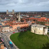 An aerial photograph taken on january 24, 2024 shows the River Ouse (L), York Minster (C) and Clifford's Tower (R) in the city of York,  northern England. (Photo by Paul ELLIS / AFP) (Photo by PAUL ELLIS/AFP via Getty Images)