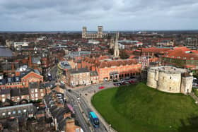 An aerial photograph taken on january 24, 2024 shows the River Ouse (L), York Minster (C) and Clifford's Tower (R) in the city of York,  northern England. (Photo by Paul ELLIS / AFP) (Photo by PAUL ELLIS/AFP via Getty Images)