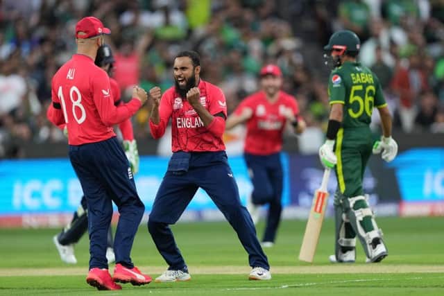 Adil Rashid celebrates the wicket of Mohammad Haris during the ICC Men's T20 World Cup final between England and Pakistan in Melbourne. Photo by Isuru Sameera/Gallo Images/Getty Images.
