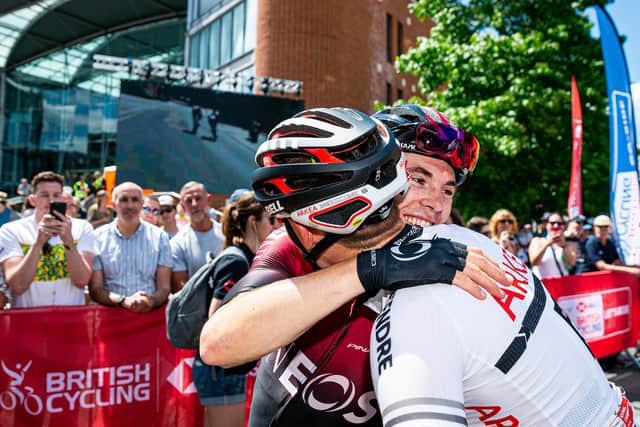 Ben Swift of Team INEOS celebrates the win with cousin Connor Swift following the 2019 British Road Race Championships' elite men's road race (Picture: Alex Whitehead/SWpix.com)