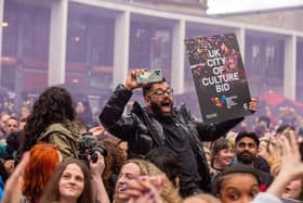 The moment Bradford finds out it has been awarded UK City of Culture 2025 in Centenary Square. Picture: Bruce Rollinson.