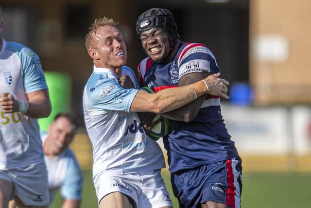 Doncaster Knights in Championship action against long-time rivals Bedford Blues. Doncaster have spent 19 of the last 20 years in the second tier (Picture: Tony Johnson)
