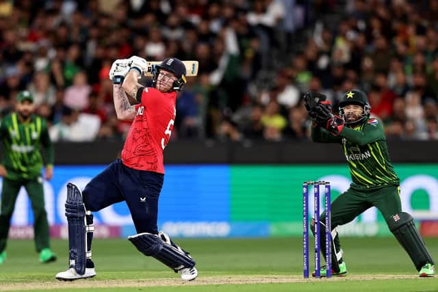 England's Ben Stokes plays a shot during the ICC men's Twenty20 World Cup 2022 cricket final match (Picture: MARTIN KEEP/AFP via Getty Images)