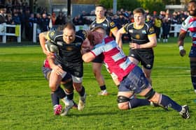 Barrelling through: Ben Dixon of Leeds Tykes breaks through the Rotherham Titans resistance during Saturday’s clash of the unbeaten teams. (Picture: Mike Inkley/MJP Media)