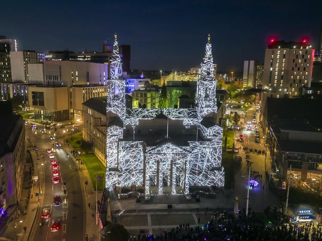Light and sound installation Theatre of Illumination by artist Julien Lasson, is projected on to Leeds Civic Hall, part of Light Night Leeds, the UK's largest annual arts and light festival. Photo credit: Danny Lawson/PA Wire