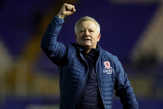 BIRMINGHAM, ENGLAND - MARCH 15: Chris Wilder, Manager of Middlesbrough celebrates after their sides victory during the Sky Bet Championship match between Birmingham City and Middlesbrough at St Andrew's Trillion Trophy Stadium on March 15, 2022 in Birmingham, England. (Photo by Richard Heathcote/Getty Images)