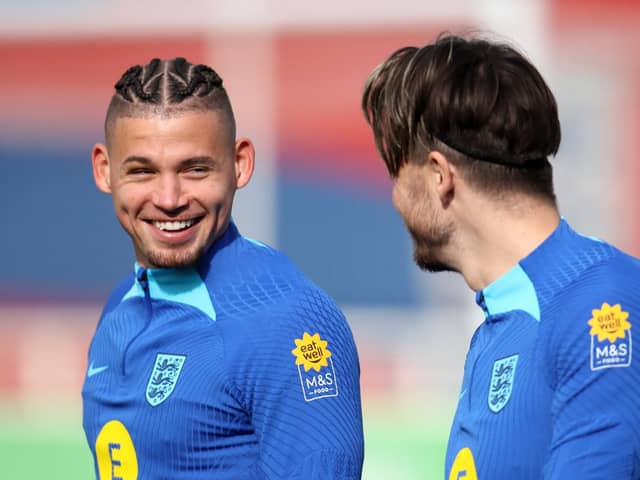 FRIENDLY TERRITORY: England's Kalvin Phillips and Jack Grealish during a training session at St. George's Park Picture: Simon Marper/PA