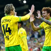 Norwich City's Josh Sargent (right) celebrates scoring his side's first goal of the game with team-mate Todd Cantwell during the Sky Bet Championship match at Carrow Road, Norwich. Picture: Joe Giddens/PA Wire.
