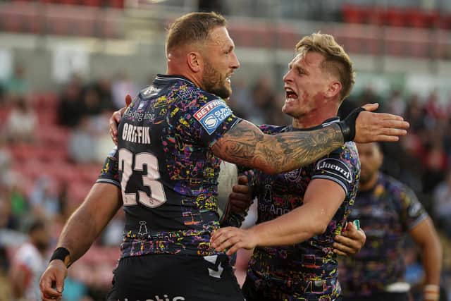 Hull FC's Josh Griffin celebrates scoring a try but it as in vain as Leigh won again (Picture: Paul Currie/SWpix.com)