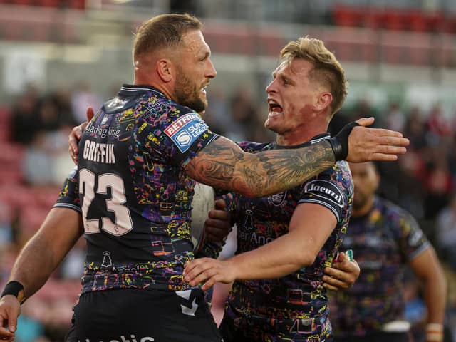 Hull FC's Josh Griffin celebrates scoring a try but it as in vain as Leigh won again (Picture: Paul Currie/SWpix.com)