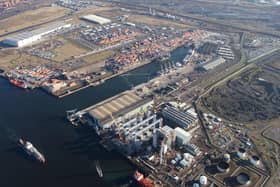 An aerial view of Teesport at the mouth of the River Tees.