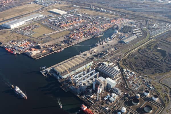 An aerial view of Teesport at the mouth of the River Tees.