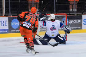 GAME TIME: Brandon Whistle fires home Sheffield Steelers' fifth goal in their 9-4 win over Elite League rivals Dundee Stars at the Utilita Arena on Wednesday night. Picture: Dean Woolley