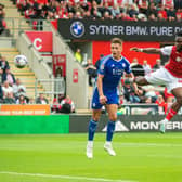 Fred Onyedinma heads in Rotherham United's equaliser against Leicester City. Picture: Bruce Rollinson.