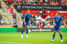 Fred Onyedinma heads in Rotherham United's equaliser against Leicester City. Picture: Bruce Rollinson.