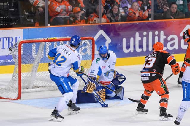 RIGHT TIME< RIGHT PLACE: Brendan Connolly (far right) tips in for Sheffield Steelers' third goal in the second leg of their Challenge Cup semi-final against Fife Flyers at the Utilita Arena. Picture courtesy of Dean Woolley/Steelers Media/EIHL